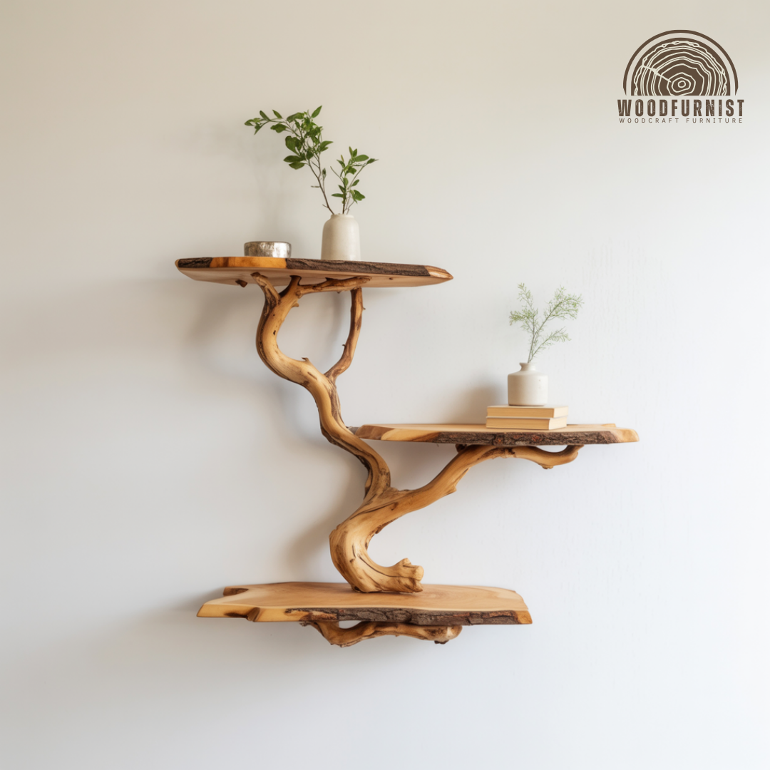 Driftwood Tree Bookshelf – Natural Branch Wall Shelf, Live Edge Wooden Display Shelf for Home Decor WFNED0036