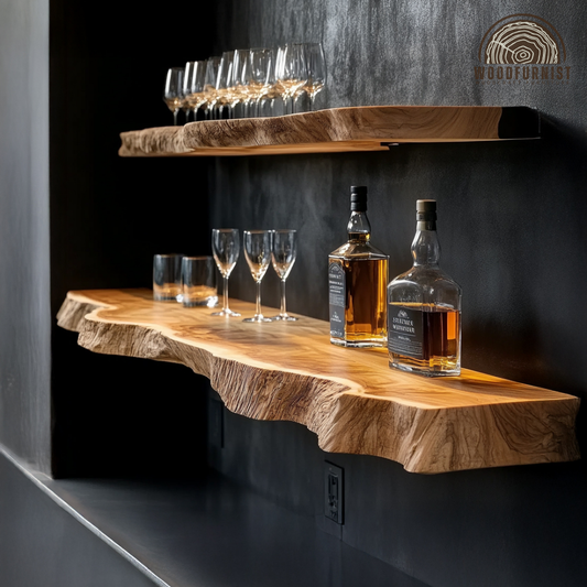 Wooden Floating Bar Shelf – Live Edge Wall Shelf for Whiskey & Glass Display