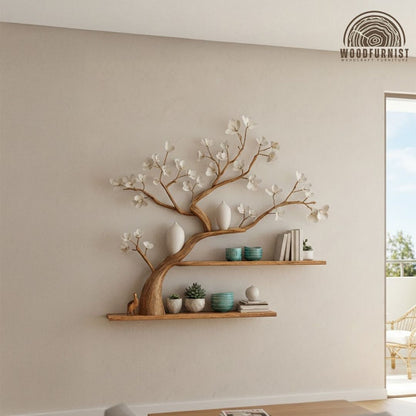Handcrafted Blossom Tree Wall Shelf – Artistic Wooden Tree Shelf for Modern Living Room Decor WFNVA0196