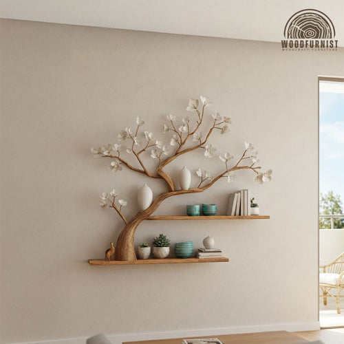 Handcrafted Blossom Tree Wall Shelf – Artistic Wooden Tree Shelf for Modern Living Room Decor WFNVA0196