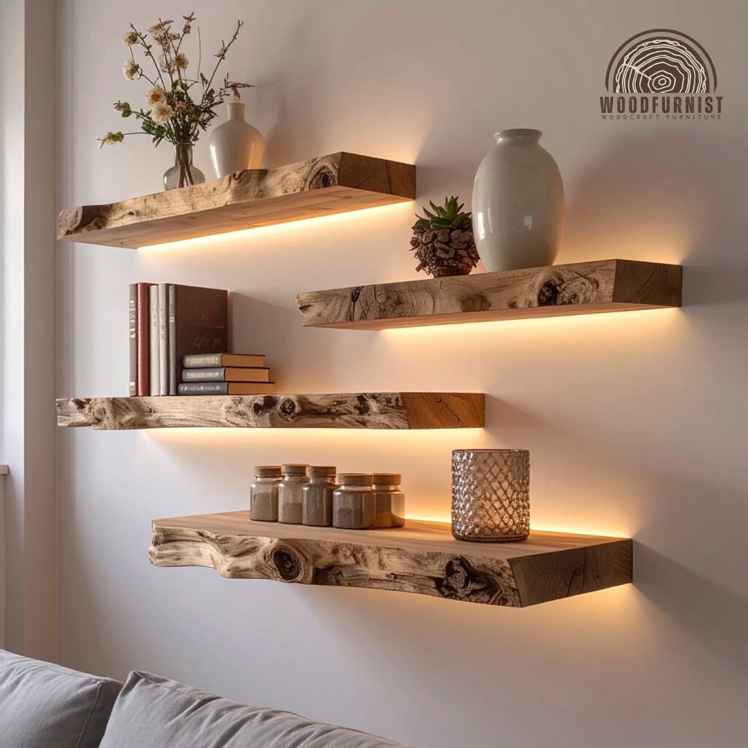 Live Edge Floating Shelves with LED Lights – Handmade Solid Wood Wall Shelves – Modern Rustic Home Decor by Woodfurnist WFNED0120