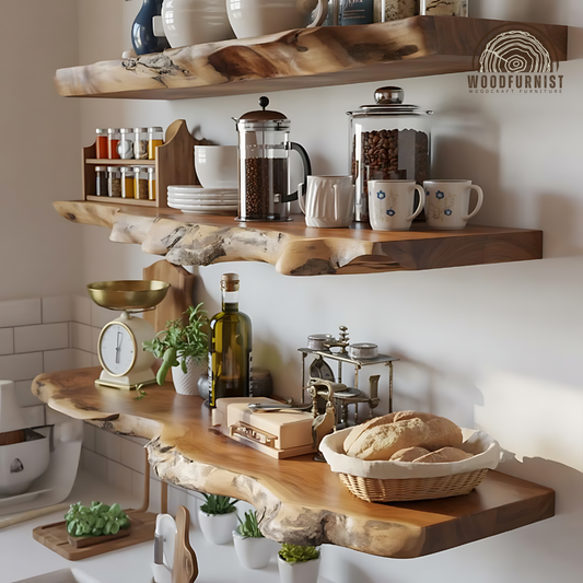Rustic Floating Wood Shelves for Wall – Handmade Live Edge Storage & Display Shelf WFNED0155