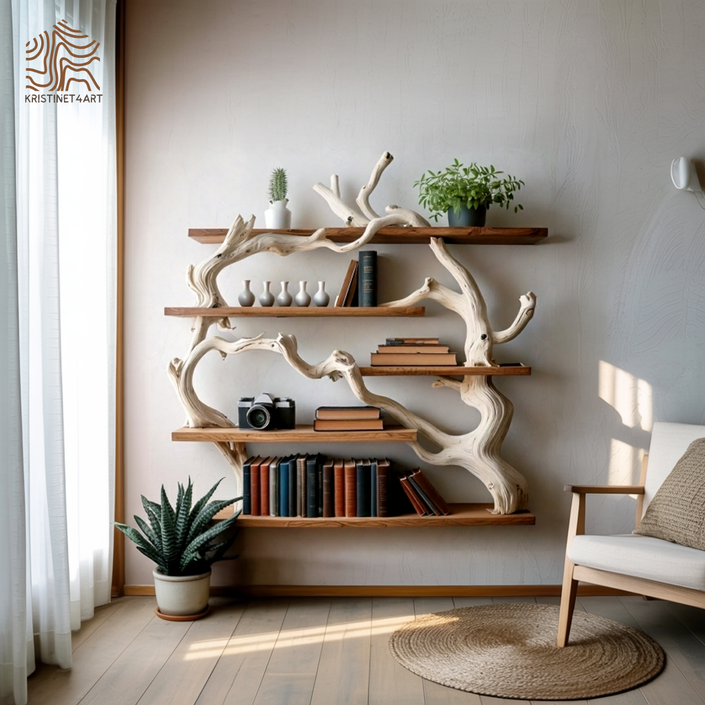 Rustic Tree Shaped Wooden Bookshelf with Branch Design for Living Room Christmas Decoration