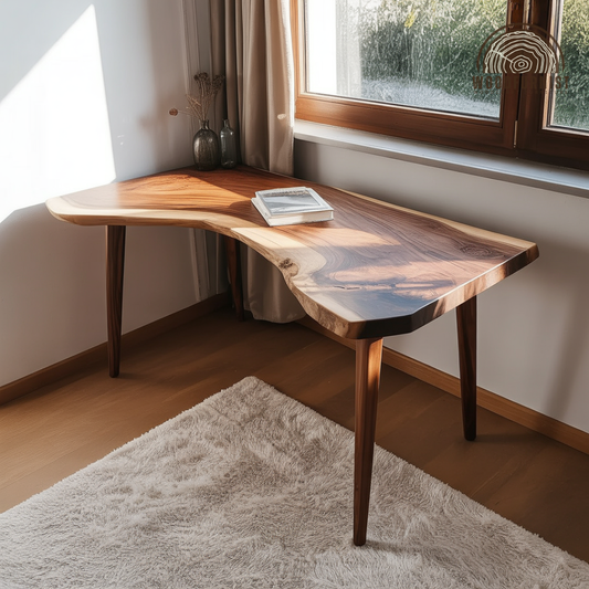 Rustic Sculptural Corner Desk Table, Solid Wood Live Edge Computer Desk