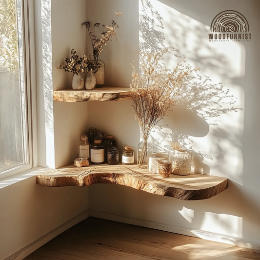 Live Edge Corner Floating Shelves - Handmade Solid Wood Wall Shelves for Rustic Home Décor WFNED0022