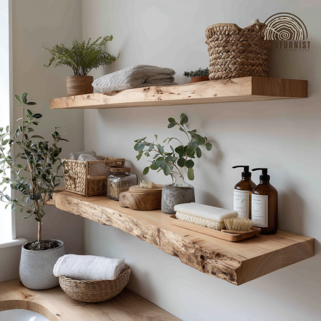 Rustic Solid Wood Floating Shelves – Live Edge Oak Wall Shelf – Minimalist Natural Home Storage & Decor