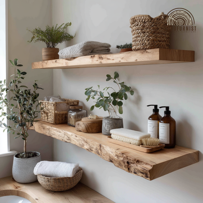 Rustic Solid Wood Floating Shelves – Live Edge Oak Wall Shelf – Minimalist Natural Home Storage & Decor