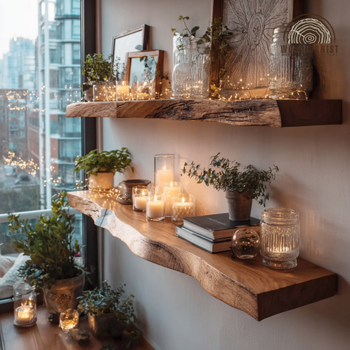Live Edge Floating Wooden Shelf – Handmade Solid Wood Wall Shelf for Cozy Home Decor WFNED0175