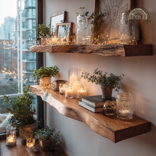 Live Edge Floating Wooden Shelf – Handmade Solid Wood Wall Shelf for Cozy Home Decor WFNED0175