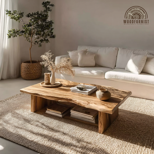 Rustic Natural Wood Coffee Table with Shelf – Handmade Living Room Decor WFNED0148