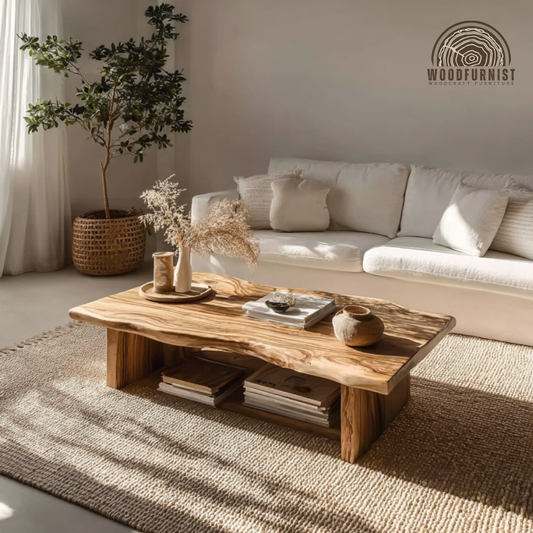 Rustic Natural Wood Coffee Table with Shelf – Handmade Living Room Decor WFNED0148