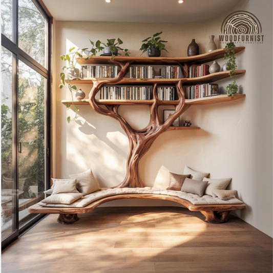 Standing Tree Bookshelf – Handmade Natural Wood Tree Shelf with Bench Seating WFNED0160