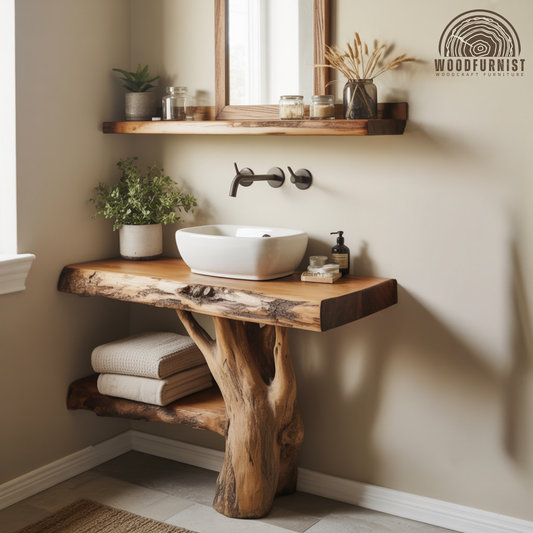 Handcrafted Live Edge Solid Wood Floating Bathroom Vanity- Sculptural Tree Root Console