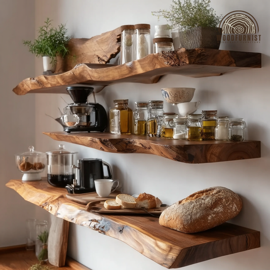 Rustic Live Edge Wall Shelf | Handmade Floating Wooden Shelves for Kitchen & Home Decor WFNED0156