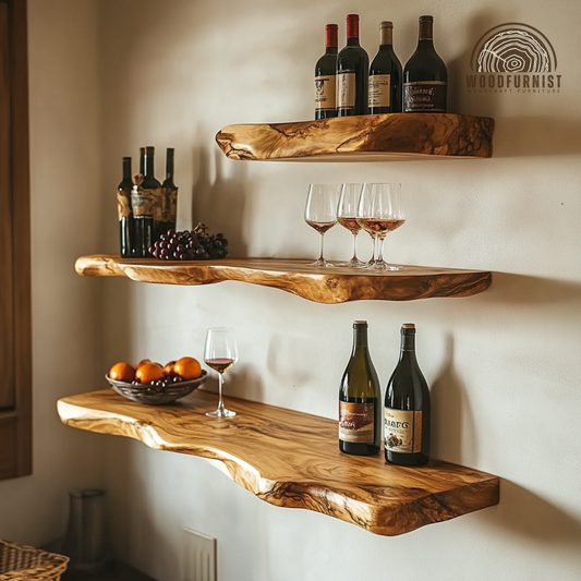 Live Edge Floating Wooden Shelf – Handmade Solid Wood Wall Shelf for Kitchen, Wine & Home Decor | Woodfurnist WFNED0122