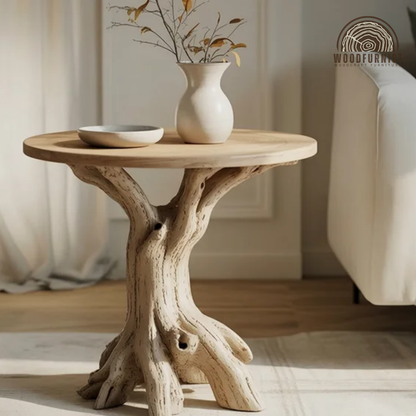 Driftwood Round Side Table – Natural Wood End Table, Handmade Tree Trunk Base, Rustic Organic Furniture WFNED0137