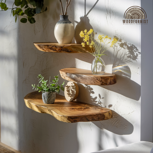 Solid Wood Live Edge Floating Shelves – Artisan Handmade Wall Display – Natural Rustic Home Decor