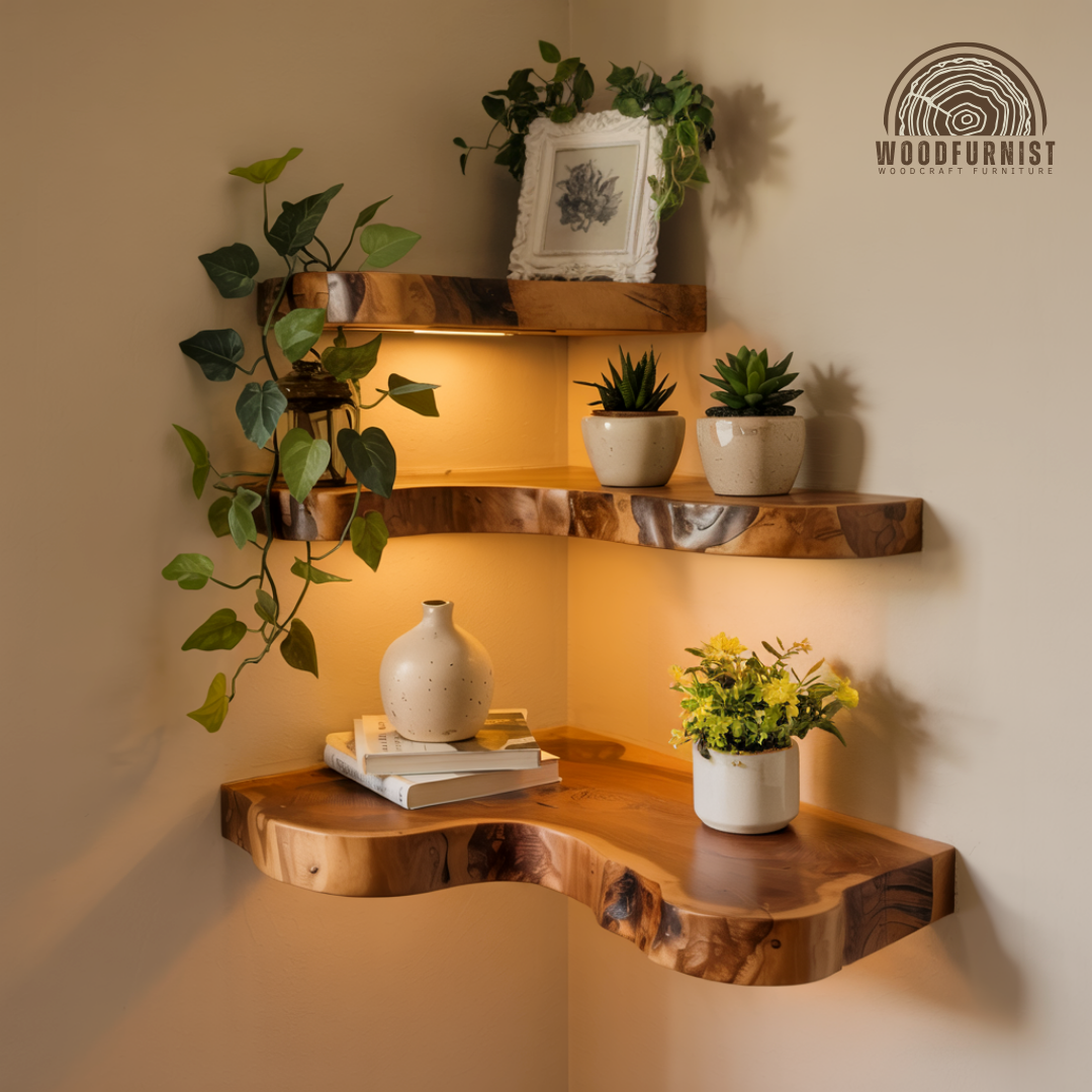 Handcrafted Rustic Corner Floating Wooden Shelf | Natural Live Edge Wall Shelf for Home Decor WFNED0104