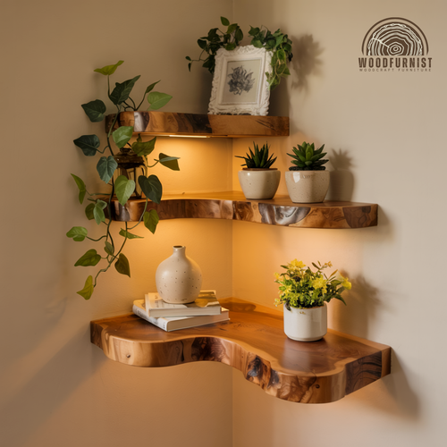 Handcrafted Rustic Corner Floating Wooden Shelf | Natural Live Edge Wall Shelf for Home Decor WFNED0104