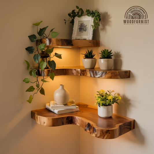 Handcrafted Rustic Corner Floating Wooden Shelf | Natural Live Edge Wall Shelf for Home Decor WFNED0104