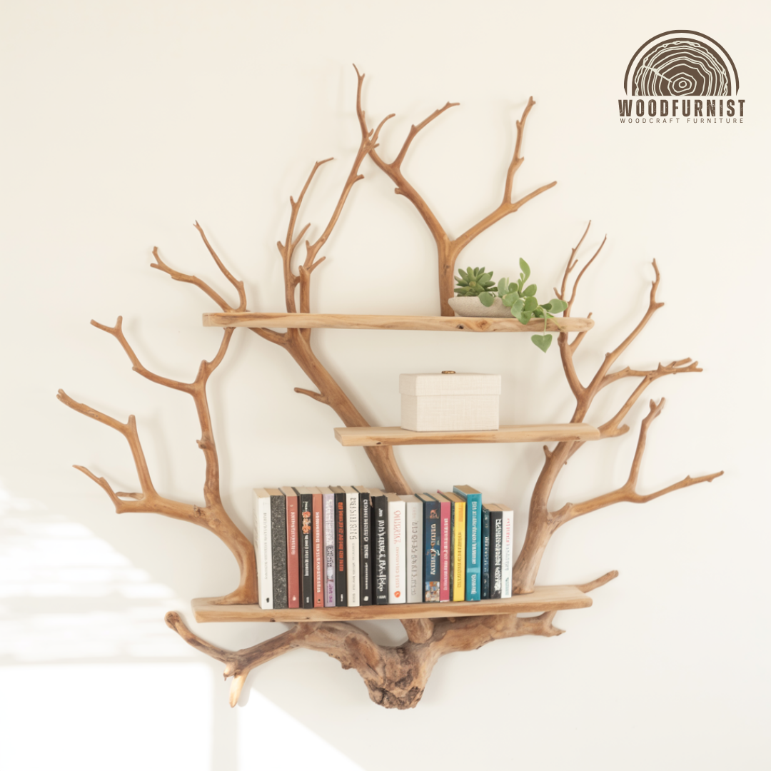 Natural Branch Tree Bookshelf – Handmade Wooden Wall Shelf – Artistic Live Edge Furniture WFNED0110