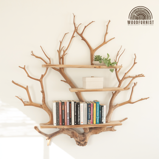 Natural Branch Tree Bookshelf – Handmade Wooden Wall Shelf – Artistic Live Edge Furniture WFNED0110