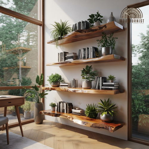 Rustic Live Edge Wooden Floating Wall Shelf – Solid Wood Wall-Mounted Shelf for Plants & Books WFNED0158