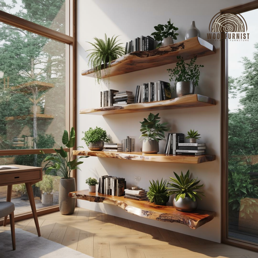 Rustic Live Edge Wooden Floating Wall Shelf – Solid Wood Wall-Mounted Shelf for Plants & Books WFNED0158