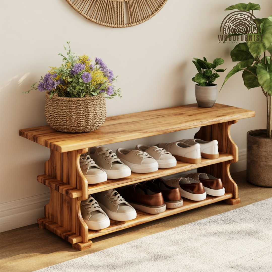 Solid Wood Shoe Bench – Functional Entryway Storage with Timeless Natural Warmth