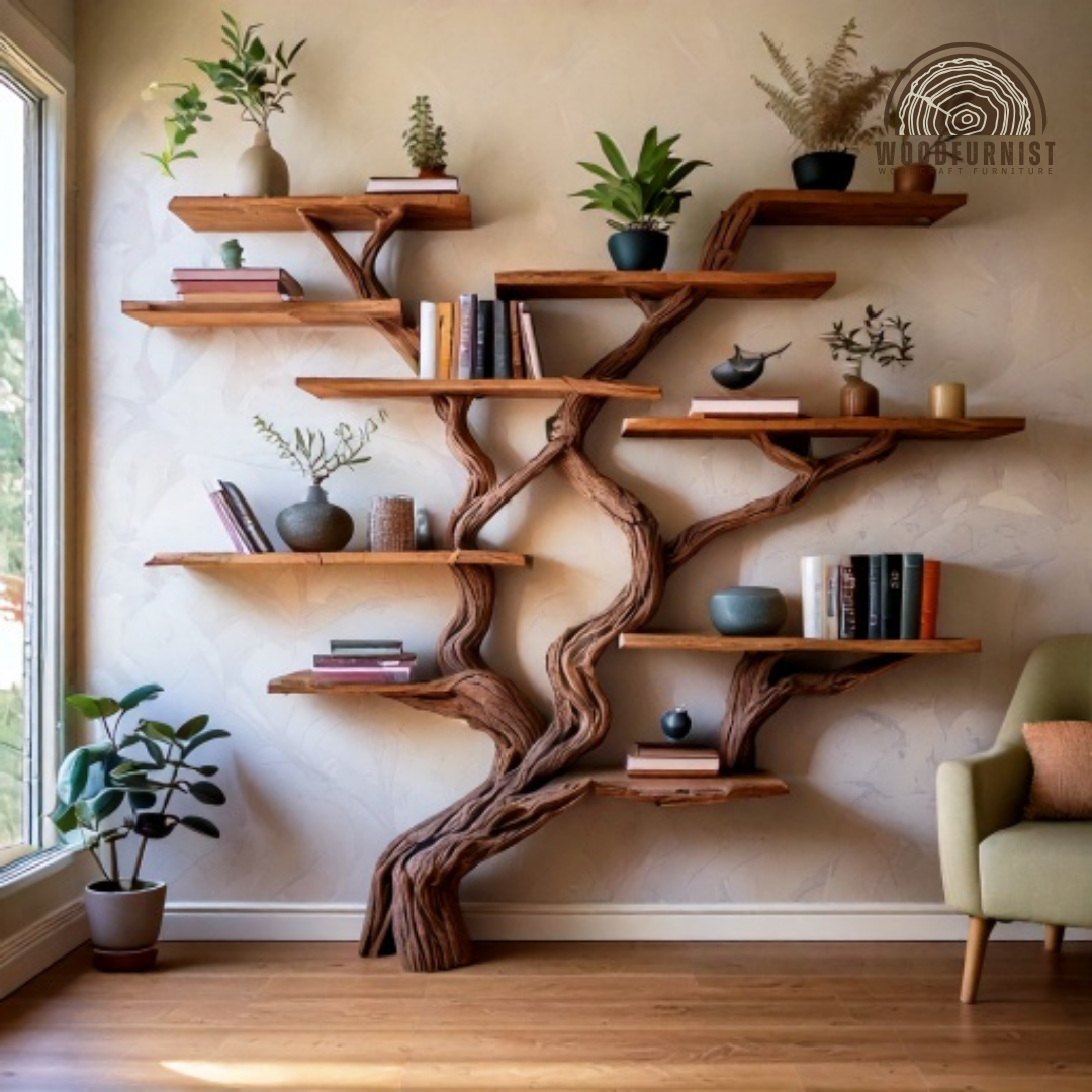Rustic Driftwood Tree Bookshelf| Handcrafted Natural Wood Shelf for Books, Plants & Home Decor