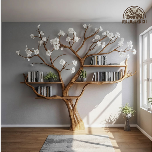 Standing Tree Bookshelf – Handmade Tree-Shaped Wooden Shelf with Decorative Branches WFNED0168