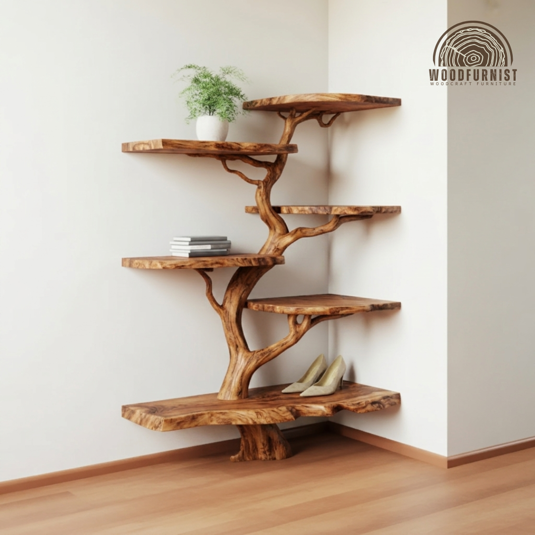 Corner Tree Live Edge Solid Wood Shelf – Sculptural Tree Bookshelf