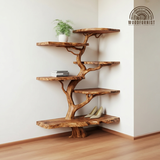 Corner Tree Live Edge Solid Wood Shelf – Sculptural Tree Bookshelf