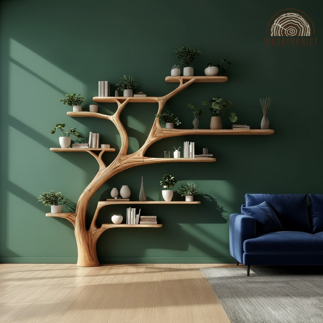 Handcrafted Wooden Tree Bookshelf Wall Shelf with Branch Shelves – Artistic Tree Bookcase Home Decor WFNVA0194
