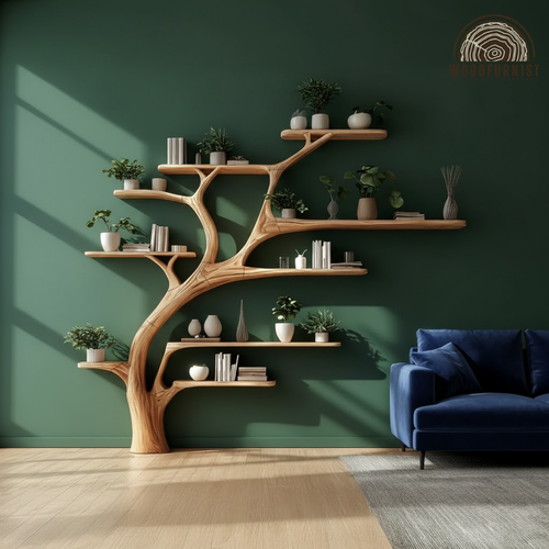 Handcrafted Wooden Tree Bookshelf Wall Shelf with Branch Shelves – Artistic Tree Bookcase Home Decor WFNVA0194