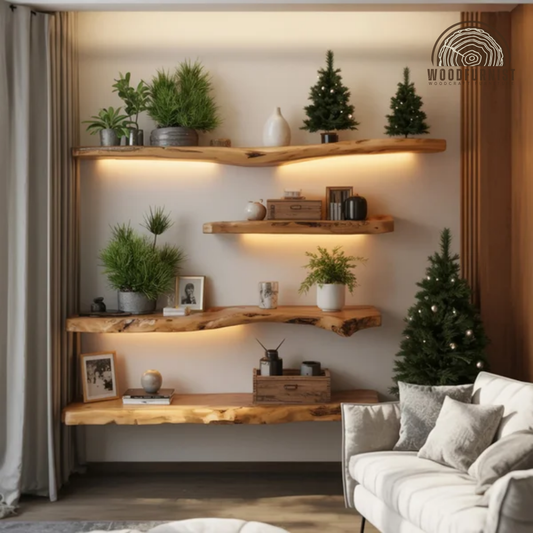 Live Edge Floating Wooden Shelf with LED – Solid Wood Wall Mounted Display Shelves WFNED0130