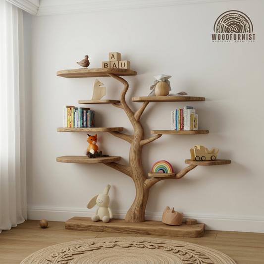 Kids Tree Live Edge Solid Wood Corner Shelf – Sculptural Children's Bookshelf