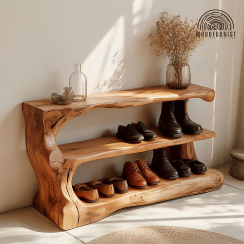 Sculptural Solid Wood Shoe Rack – Organic Storage with Artistic Craftsmanship