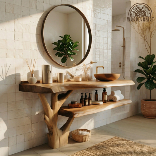 Handcrafted Sculptural Live Edge Solid Wood Floating Bathroom Vanity