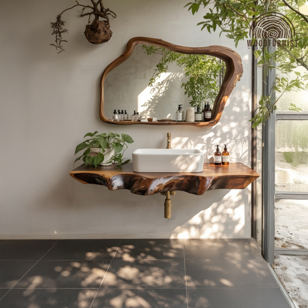 Live Edge Floating Bathroom Vanity – Handmade Solid Wood Natural Sink Counter WFNED0174
