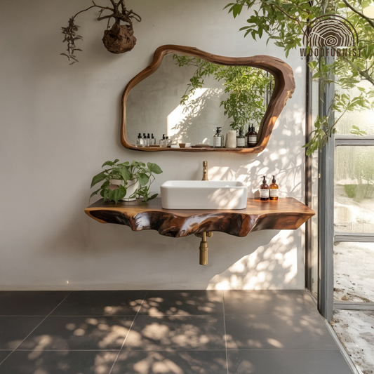 Live Edge Floating Bathroom Vanity – Handmade Solid Wood Natural Sink Counter WFNED0174