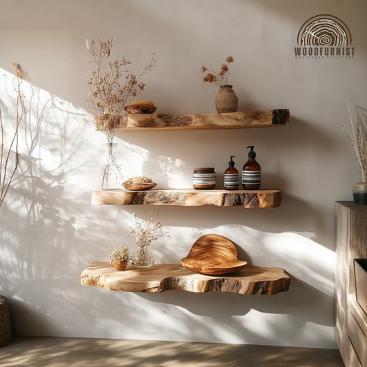 Rustic Wooden Floating Shelves – Live Edge Solid Wood Wall Display – Modern Natural Decor WFNED0117