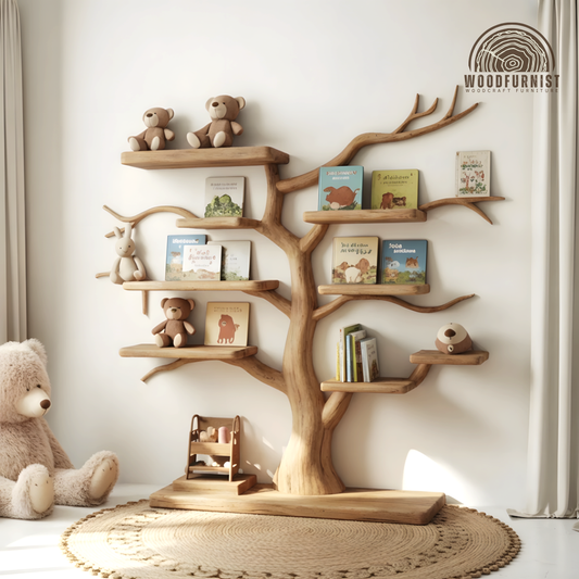Solid Wood Tree Bookshelf – Sculptural Kids Room Wall Shelf for Nursery Decor