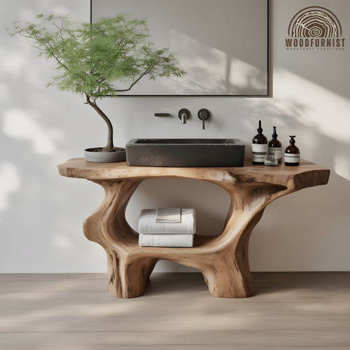 Organic Live Edge Solid Wood Bathroom Vanity - Handcrafted Sculpted Base