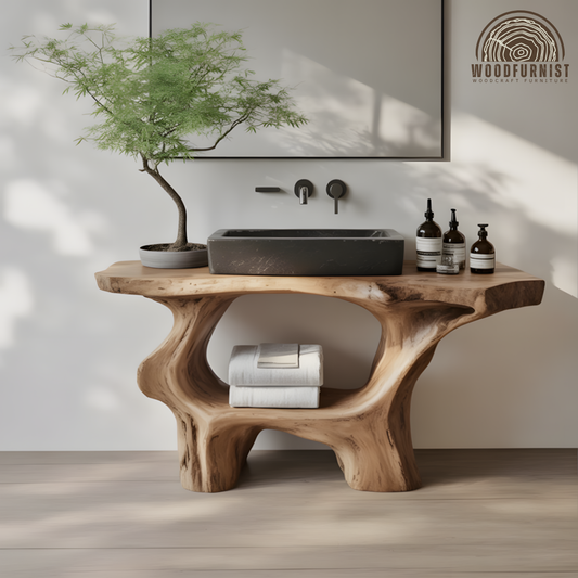 Organic Live Edge Solid Wood Bathroom Vanity - Handcrafted Sculpted Base