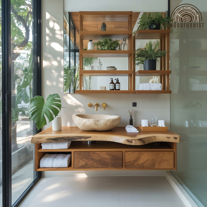 Modern Floating Bathroom Vanity – Solid Wood Vanity with Drawers & Open Shelving