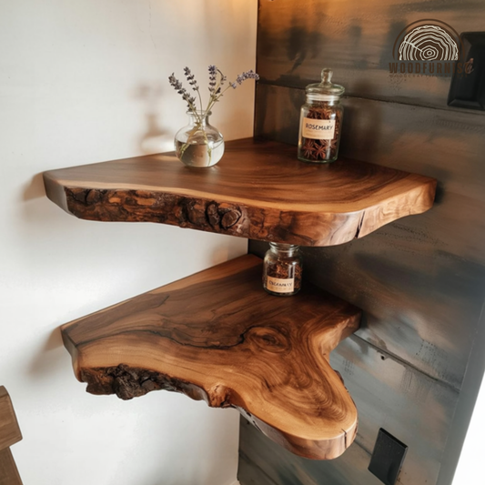 Corner Floating Wooden Shelf – Live Edge Solid Wood Corner Shelf for Rustic Home & Bathroom Decor WFNED0125