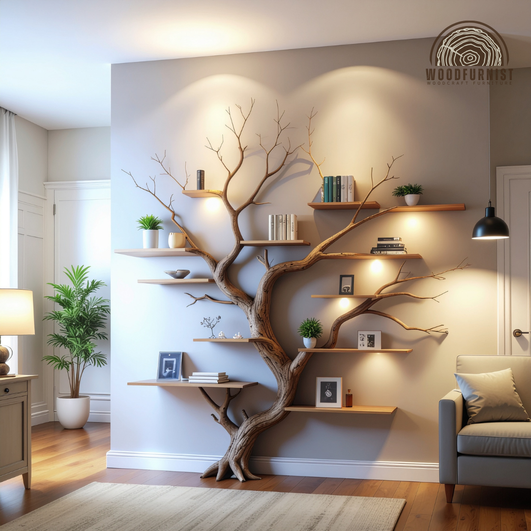 Tree Shaped Bookshelf – Live Edge Wooden Branch Shelf – Handcrafted Wall Art Furniture for Home & Office WFNED0109