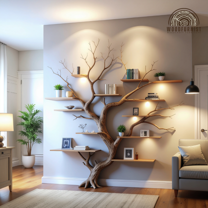 Tree Shaped Bookshelf – Live Edge Wooden Branch Shelf – Handcrafted Wall Art Furniture for Home & Office WFNED0109