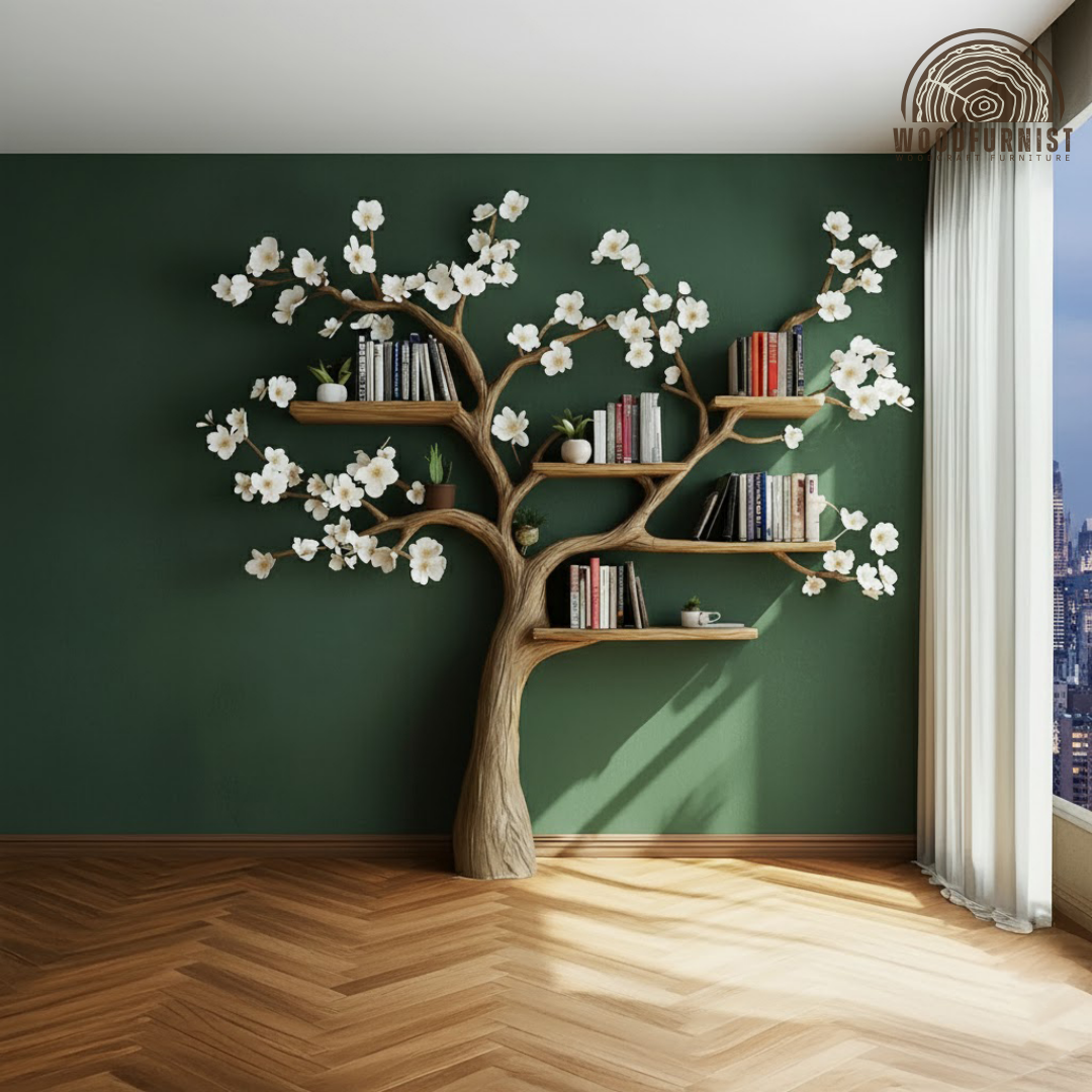 Handcrafted Blossom Tree Bookshelf Wall Shelf – Artistic Wooden Tree Bookcase for Living Room Decor WFNVA0193